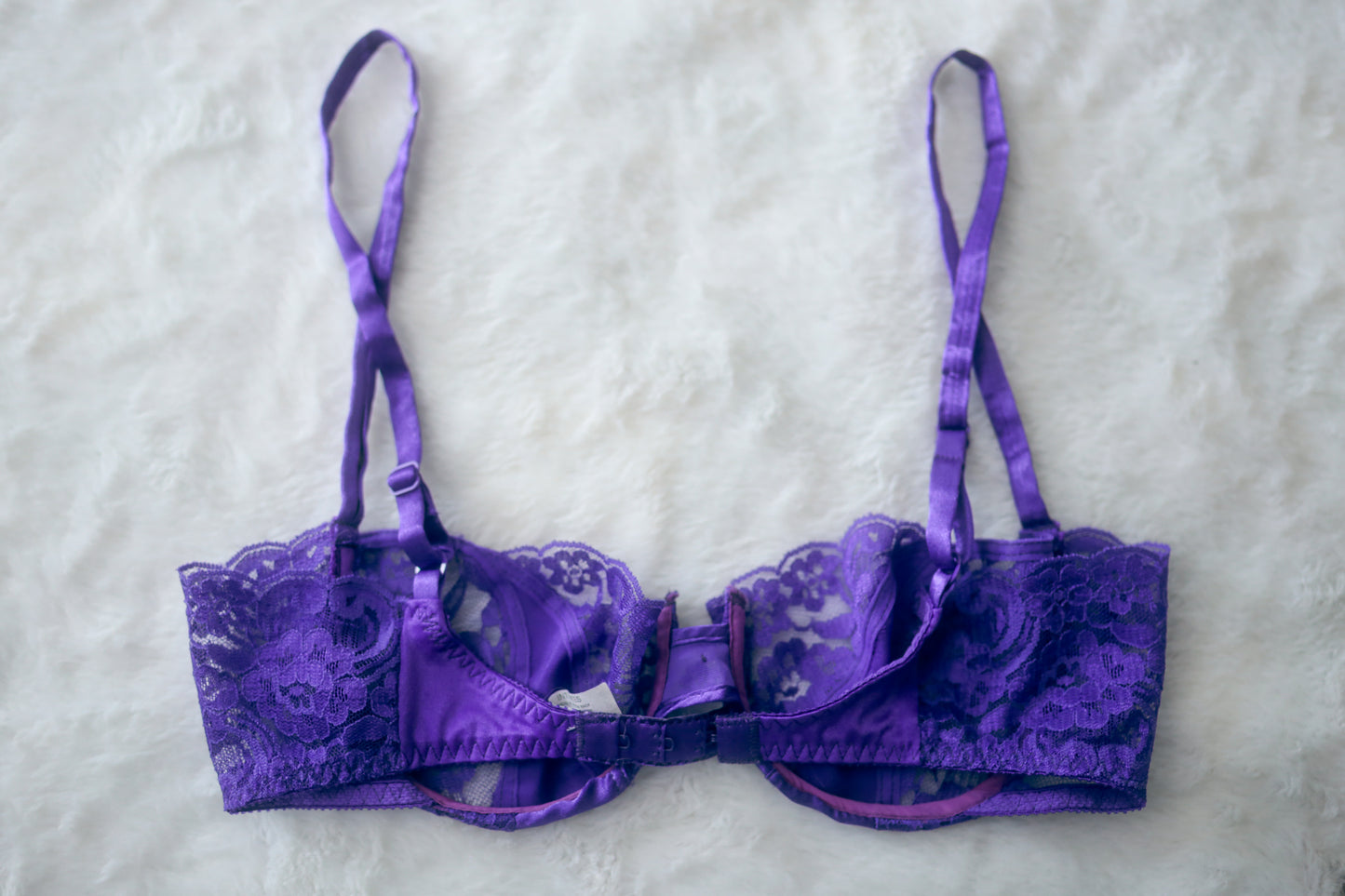 Christian Dior 36C Vintage Balconette Shelf Sheer Unpadded Bra Purple Lace