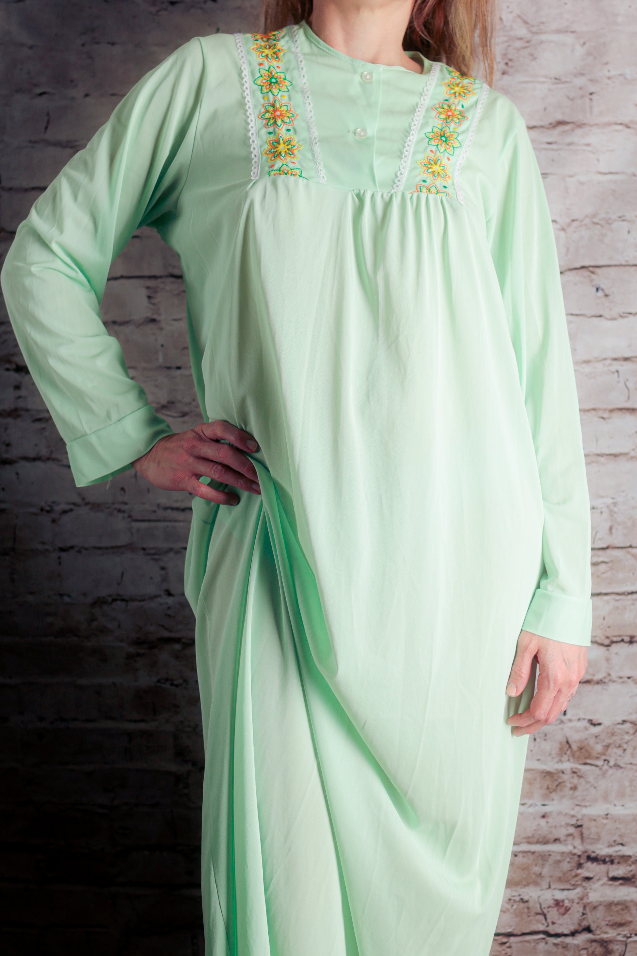 Sears Vintage 60s Satin Embroidered Button Slip Peignoir Negligee Nightgown Large Seafoam Green