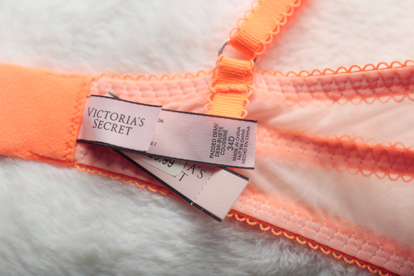 Victoria's Secret 34D Padded Demi Underwire Push-up Bra Orange Pink NEW