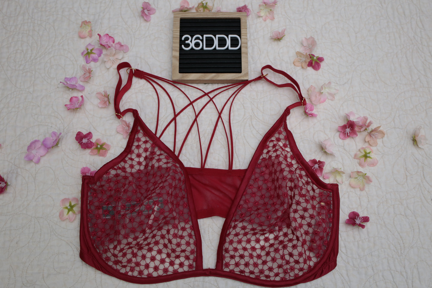 Victoria's Secret 36DDD Unlined Plunge Sheer Bra Red and White Starburst