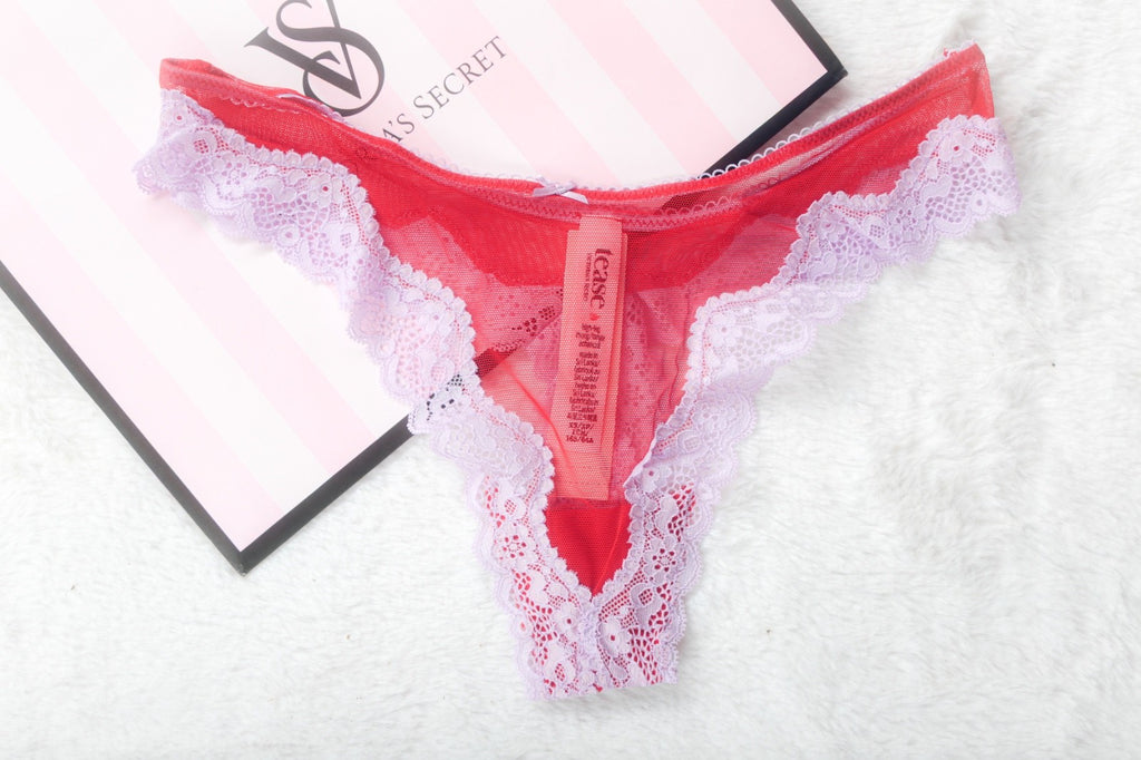 Victoria's Secret Tease Mesh Lace Trim High Leg Thong Panty XS Red NEW