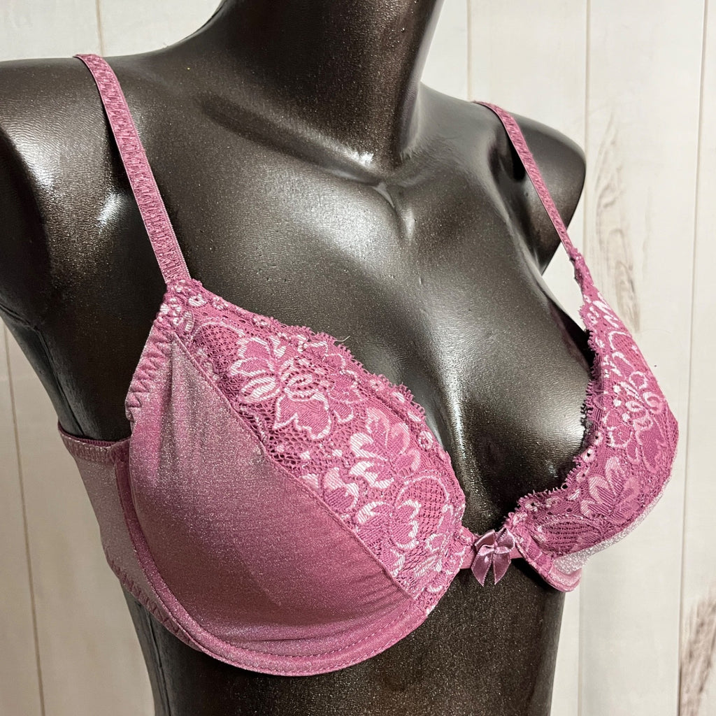 Fashion Bug Vintage Shimmer Shine Satin Lace Retro Sexy Plunge Bra Purple 36C