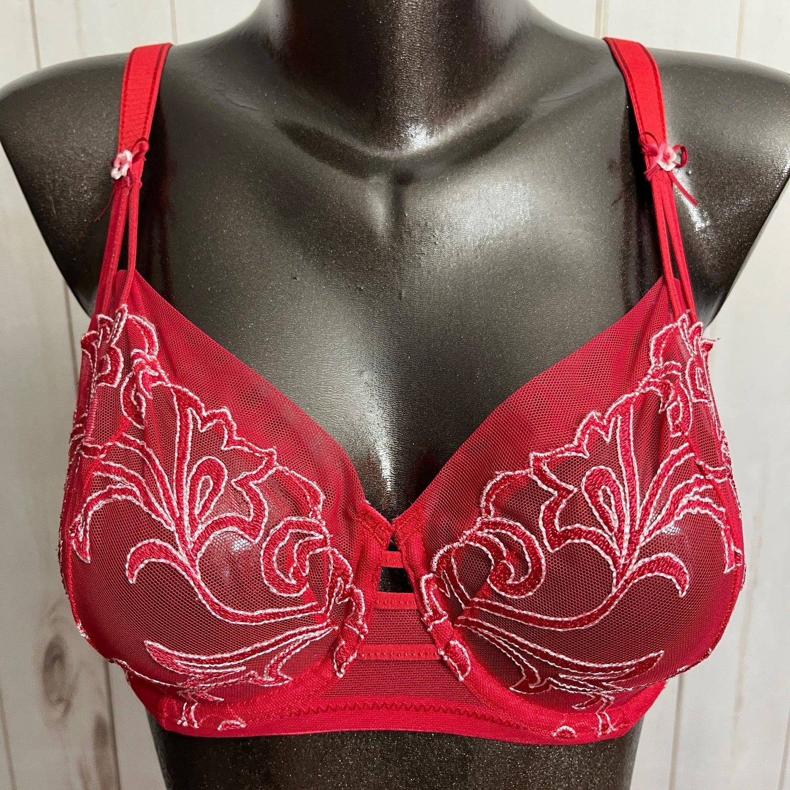Felina Unlined Floral Semi Sheer Mesh Demi Bra Red Underwire 32DD