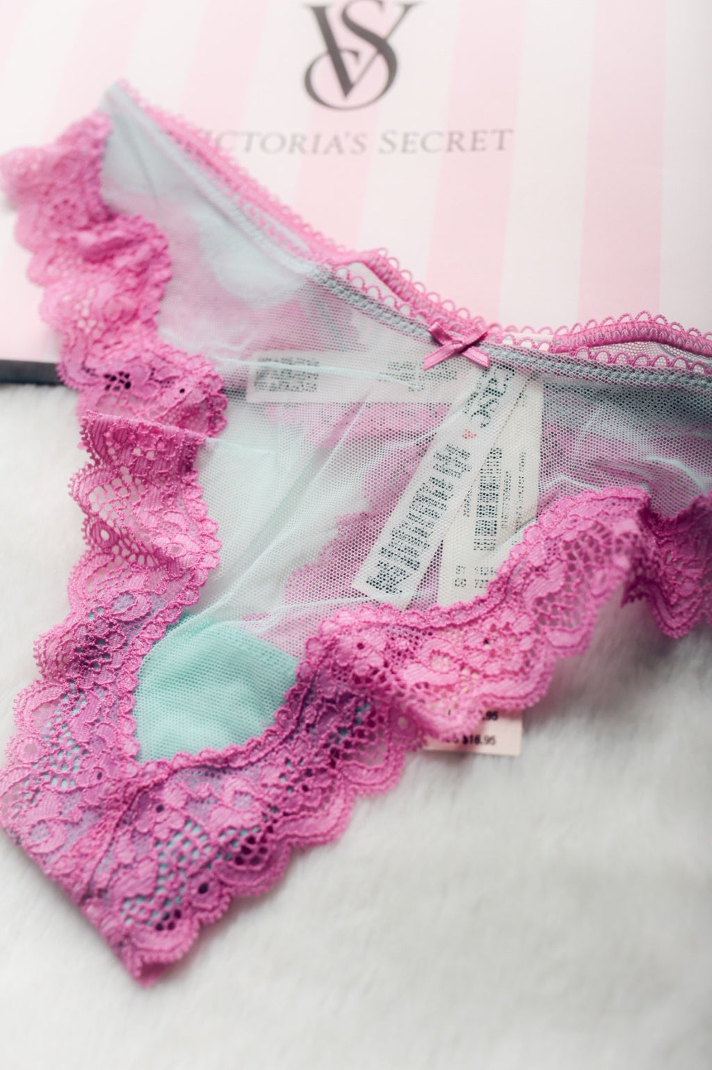 Victoria's Secret Tease Mesh Lace Trim High Leg Thong Panty XS Pink Blue NEW