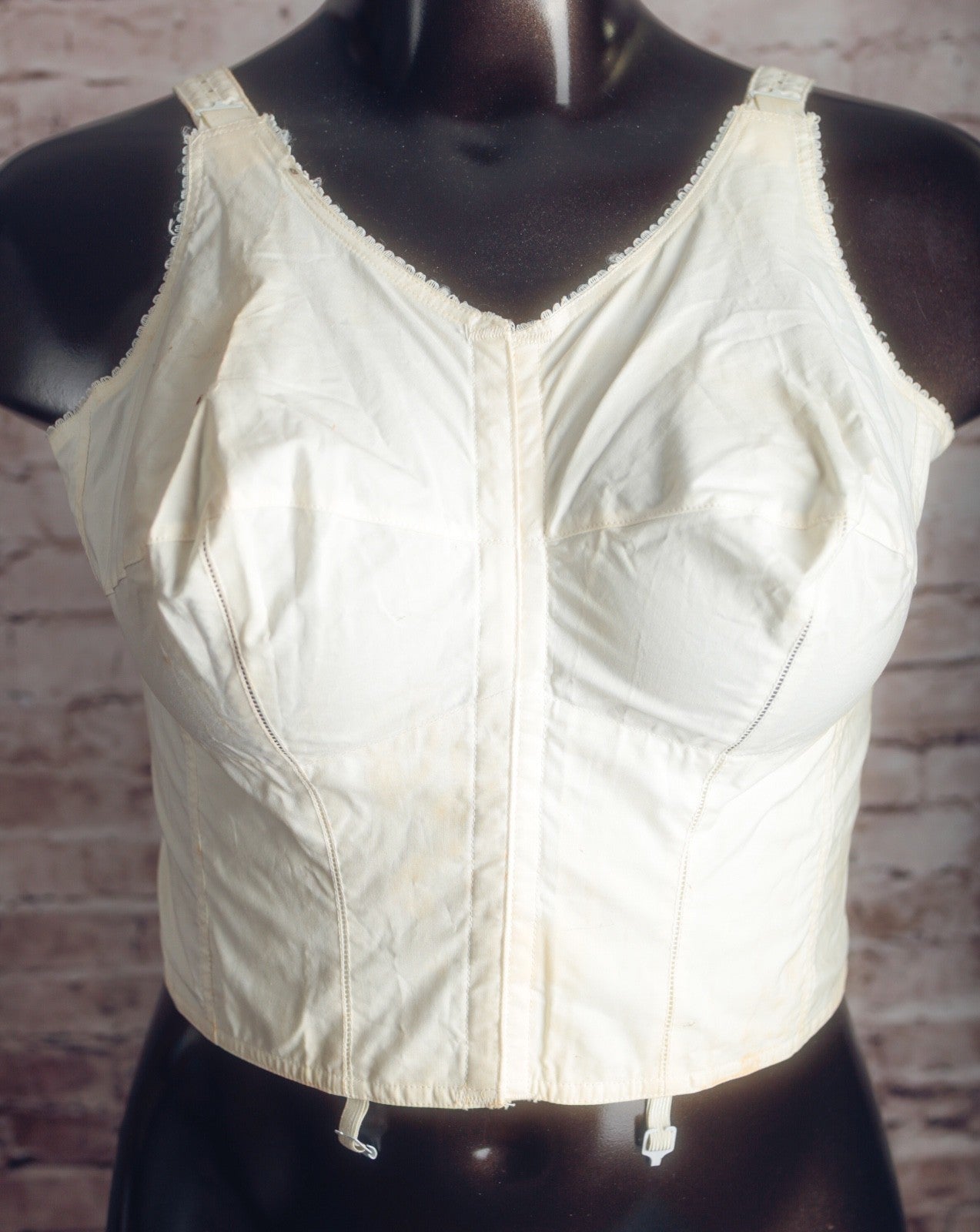 Bestform Vintage 42D Antique Cotton Pointy Bullet Corset Bustier Garter Clip Front Closure Bra White