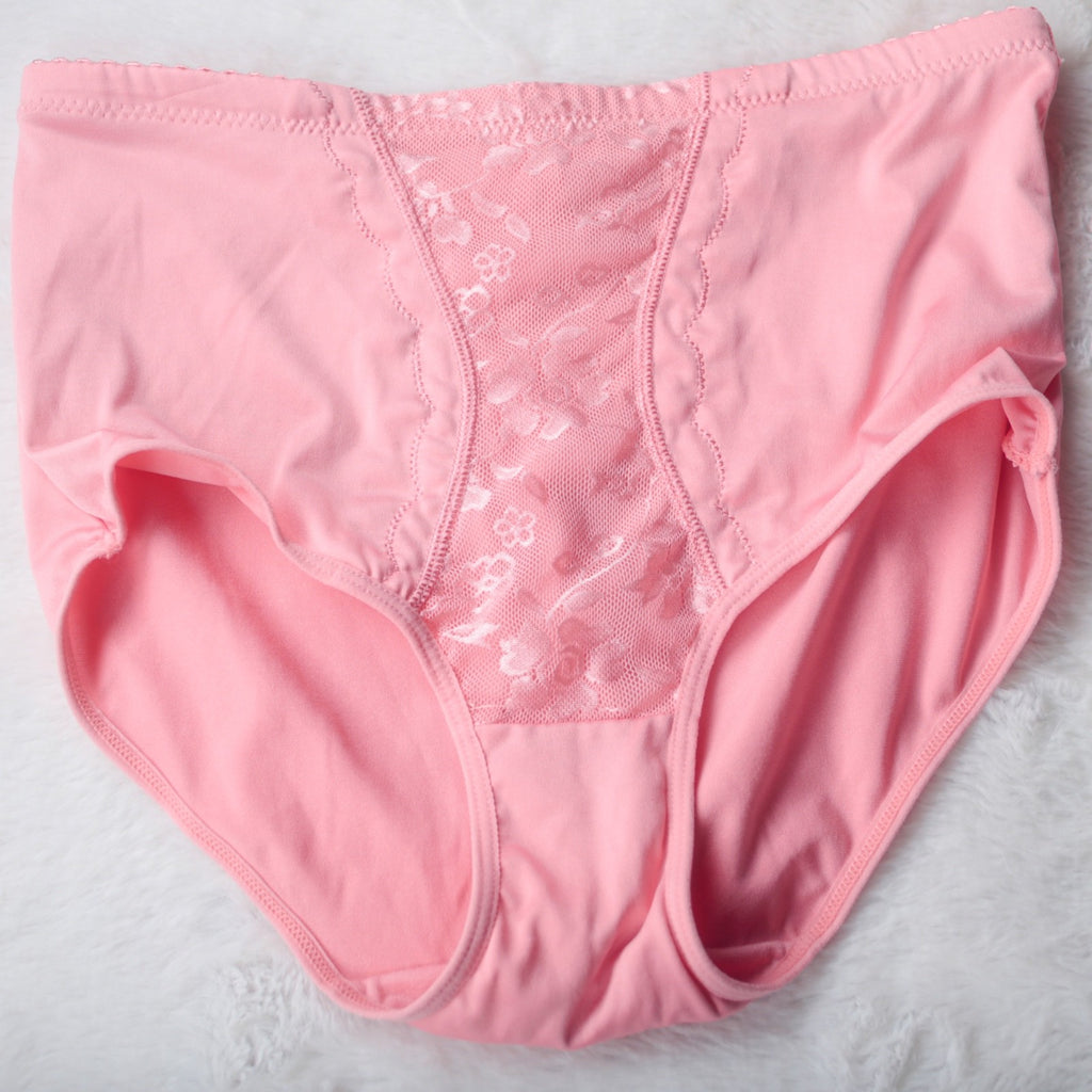 Nu Bodywear Satin Lace Panel High Rise Full Back Brief Panties Large Pink
