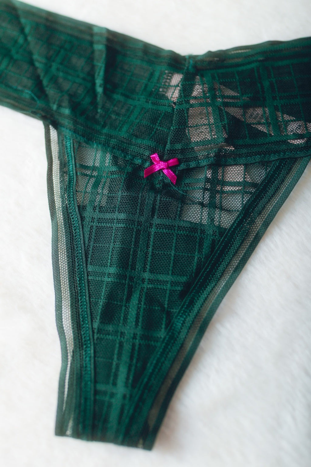 Victoria's Secret Thong String Panty Medium Sheer Green Plaid Tartan NEW