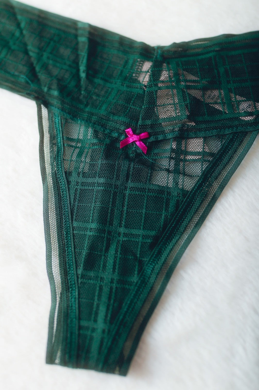 Victoria's Secret Thong String Panty Medium Sheer Green Plaid Tartan NEW