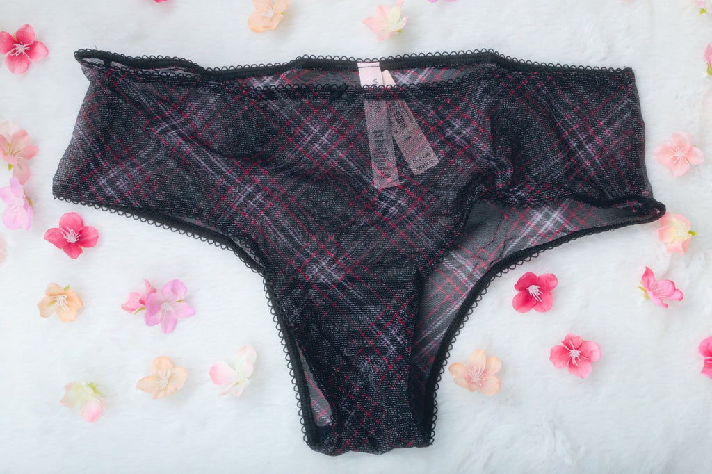 Victoria's Secret Lacie Shimmer Mesh Cheeky Panty Medium Black Plaid NEW