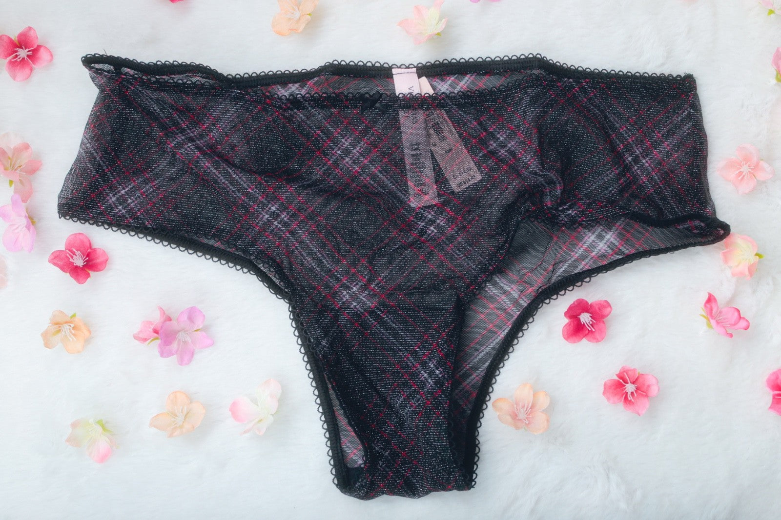 Victoria's Secret Lacie Shimmer Mesh Cheeky Panty Medium Black Plaid NEW