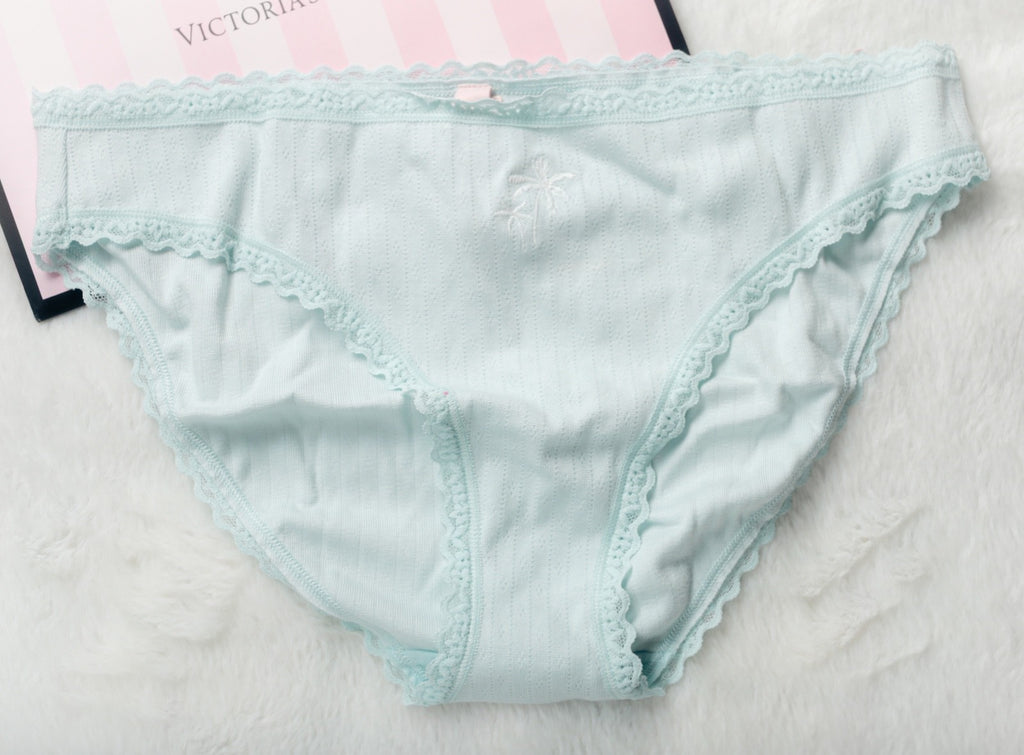 Victoria's Secret Lace Trim Cotton Pointelle Lace-Waist Bikini XXL Blue NEW