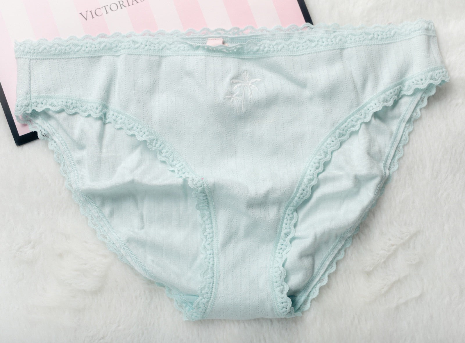 Victoria's Secret Lace Trim Cotton Pointelle Lace-Waist Bikini XXL Blue NEW