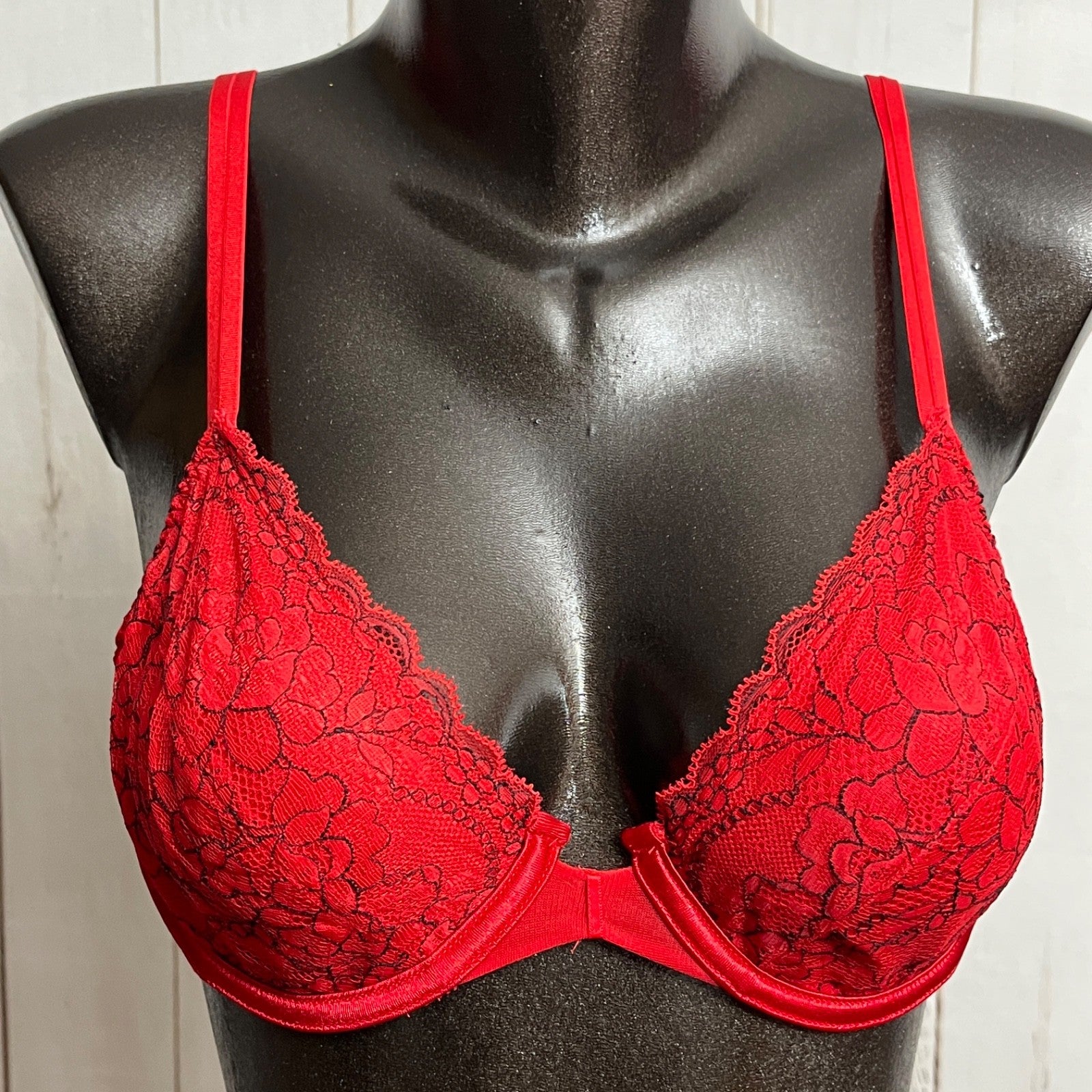 Vassarette Retro Lace Satin Demi Plunge Bra Red 36B