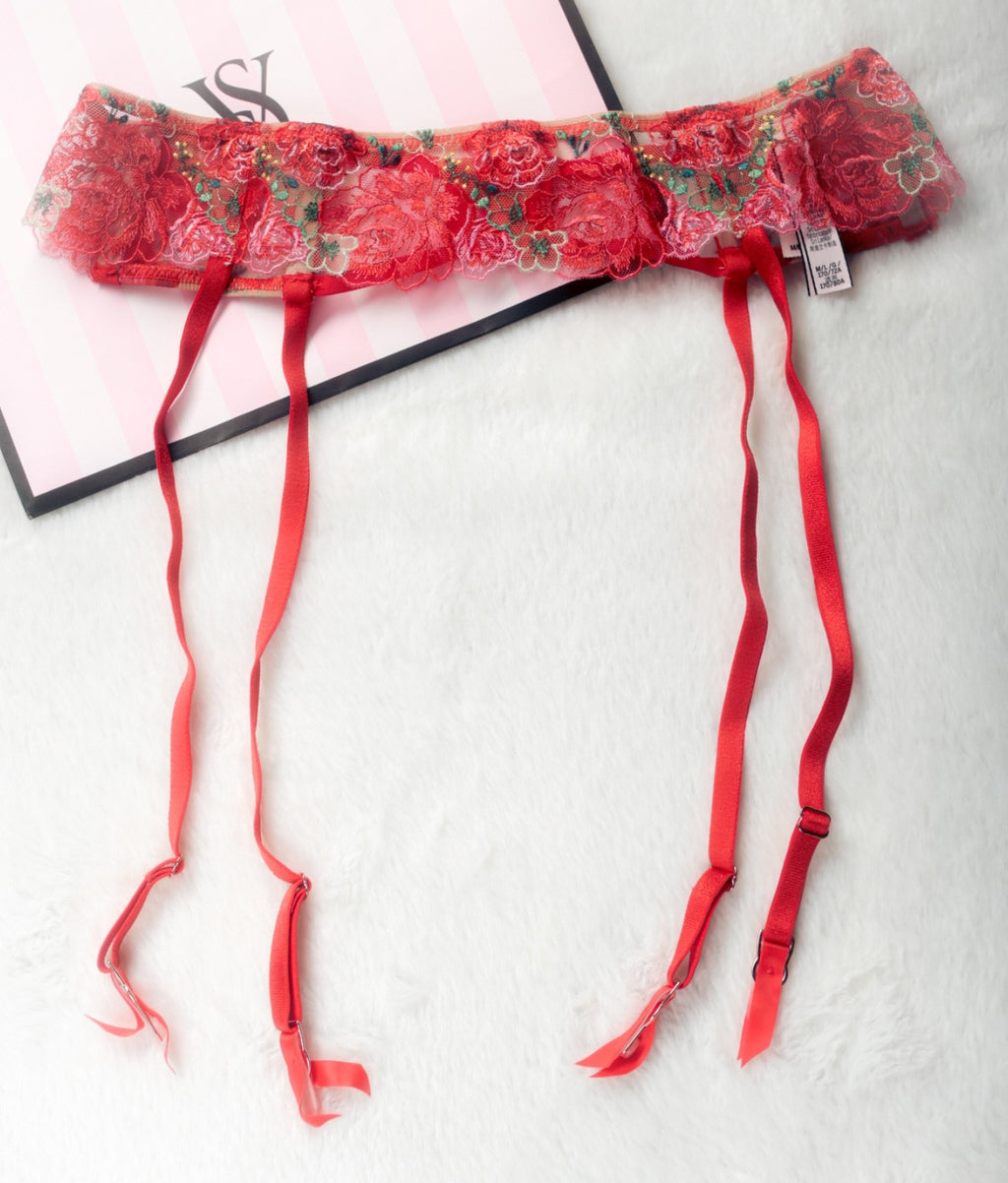Victoria's Secret Dream Angels Garter Suspenders Embroidered Floral Red Large NEW