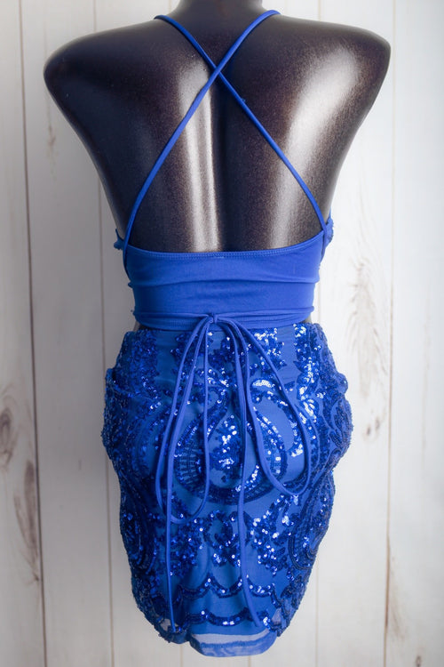 Lucy In The Sky Sequin Club Dance Outfit Bra Top Mini Skirt Set XS Blue