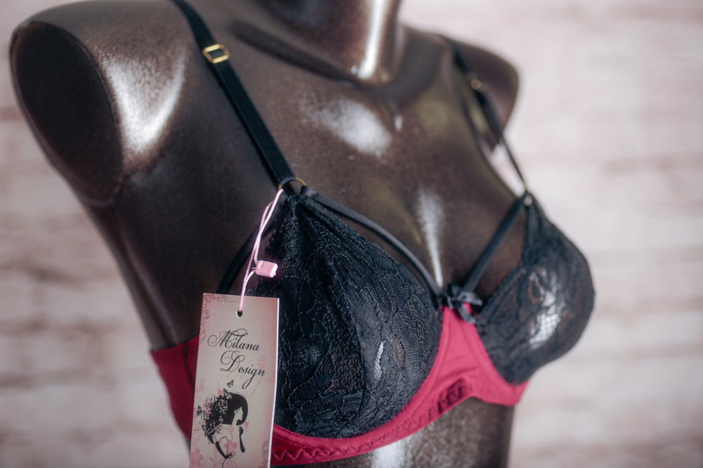 Milana Burlesque Unlined Underwire Bra Dark Red and Black Lace Mesh 34B