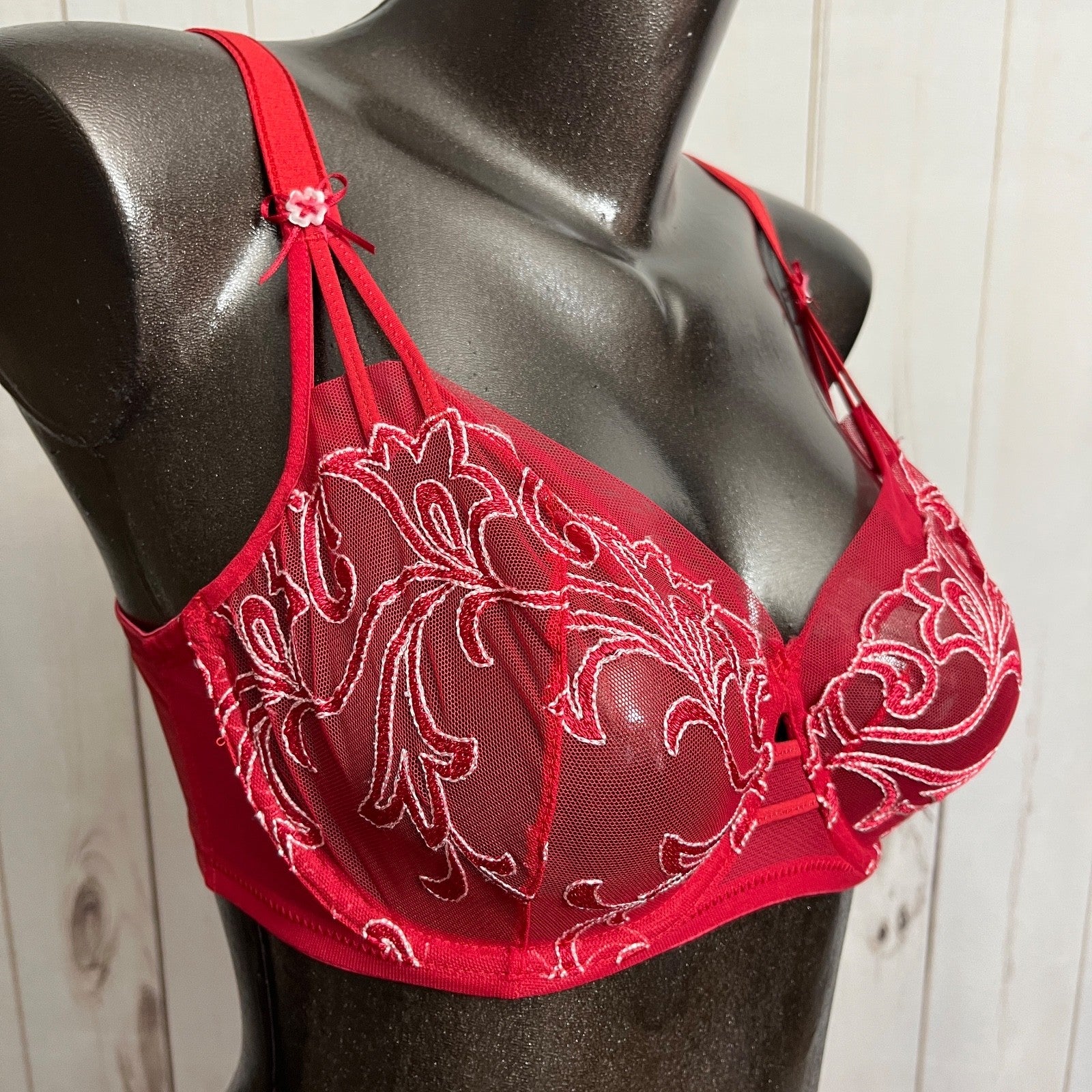 Felina Unlined Floral Semi Sheer Mesh Demi Bra Red Underwire 32DD