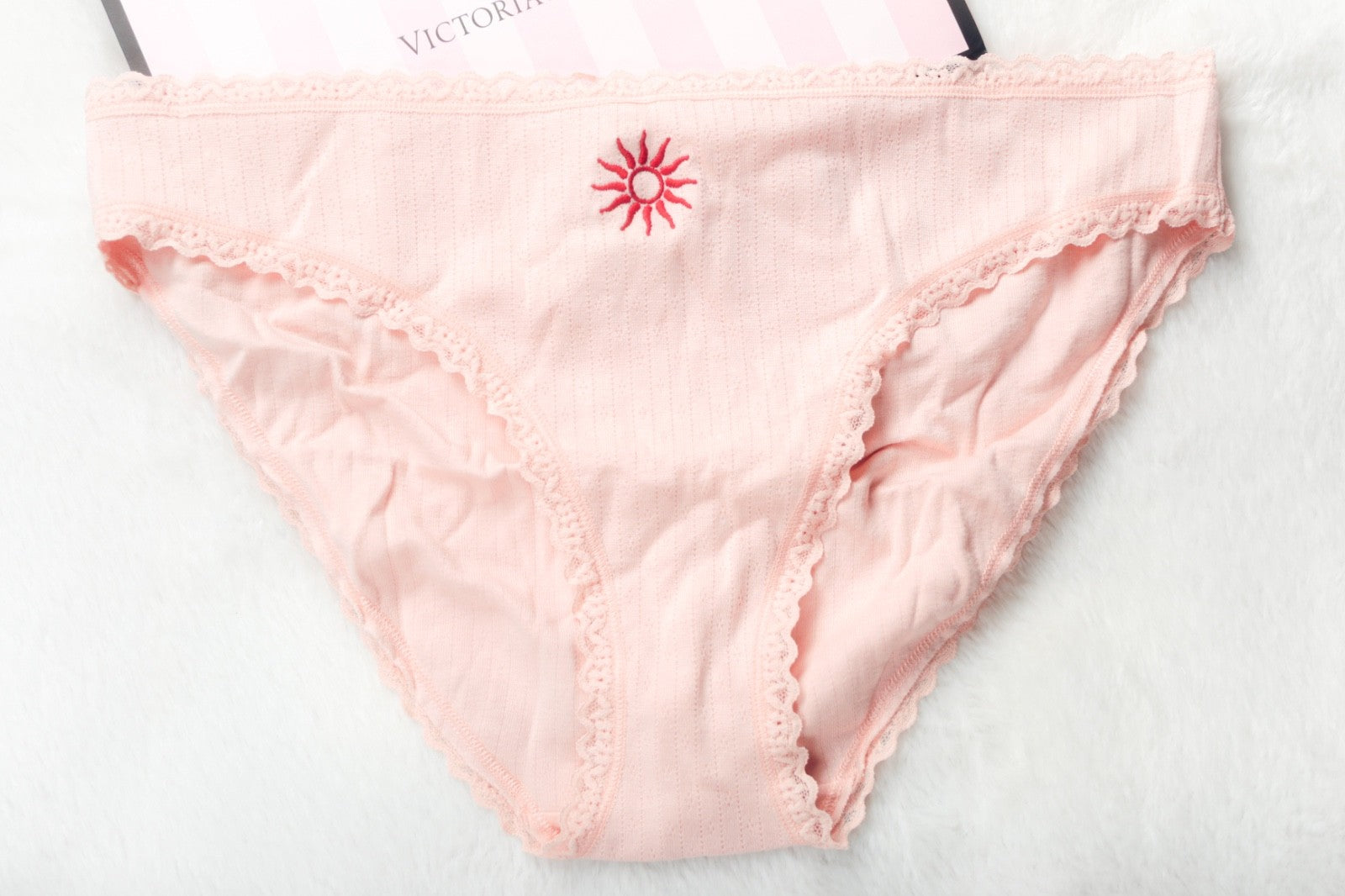 Victoria's Secret Lace Trim Cotton Pointelle Lace-Waist Bikini XL Pink NEW