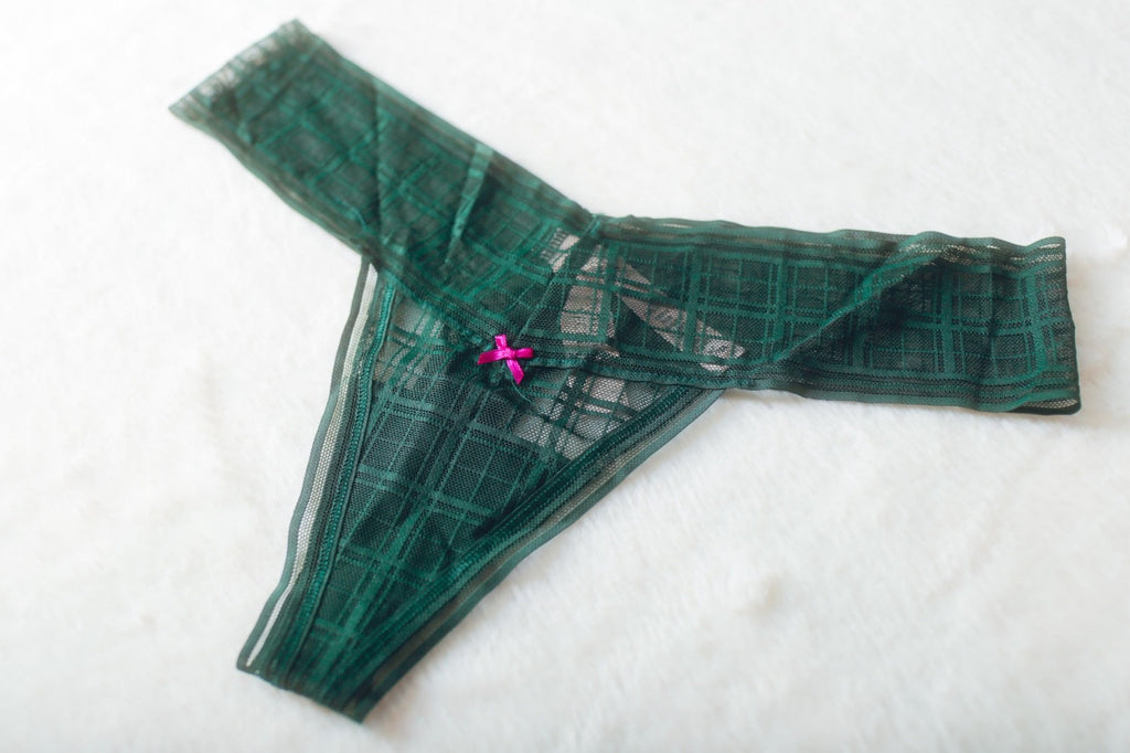 Victoria's Secret Thong String Panty Medium Sheer Green Plaid Tartan NEW