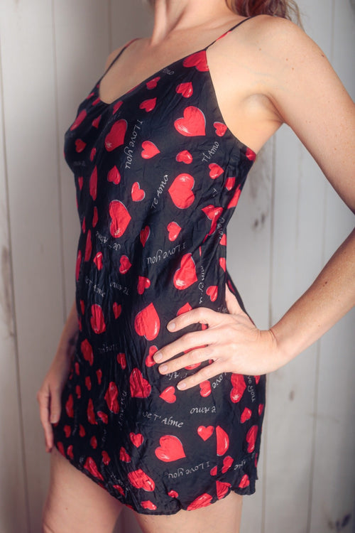 Intimate Style Vintage Retro 100% Silk Chemise Lingerie Small Black Red Hearts
