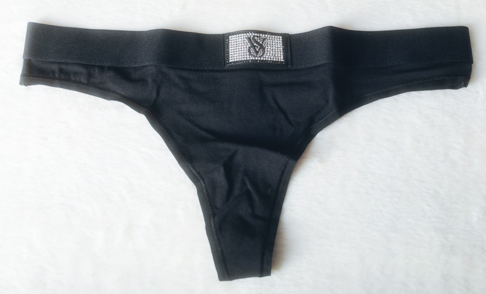 Victoria's Secret Thong String Panty Medium Logo Cotton Shine Patch Black NEW