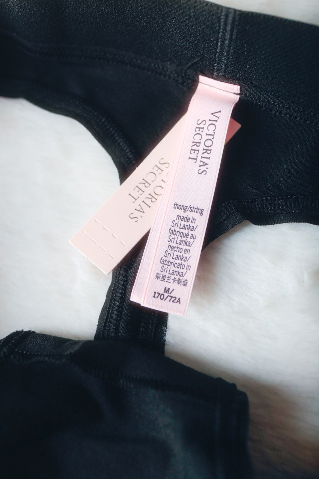 Victoria's Secret Thong String Panty Medium Logo Cotton Shine Patch Black NEW
