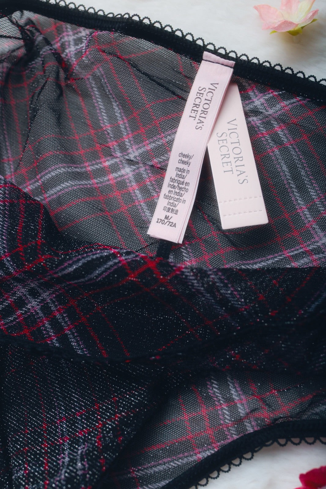 Victoria's Secret Lacie Shimmer Mesh Cheeky Panty Medium Black Plaid NEW