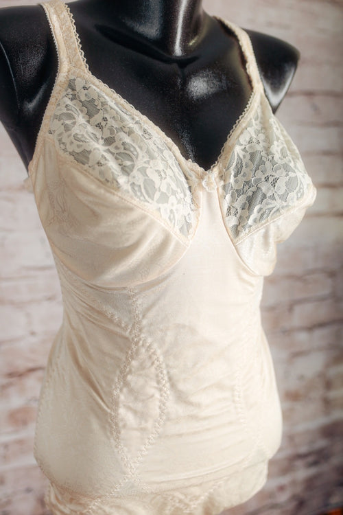 Adonna Vintage Unlined Satin Lace Shaping Compression Bodysuit 38D Beige