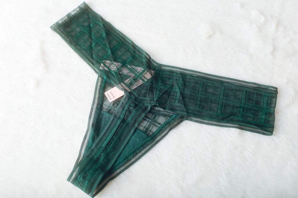 Victoria's Secret Thong String Panty Medium Sheer Green Plaid Tartan NEW