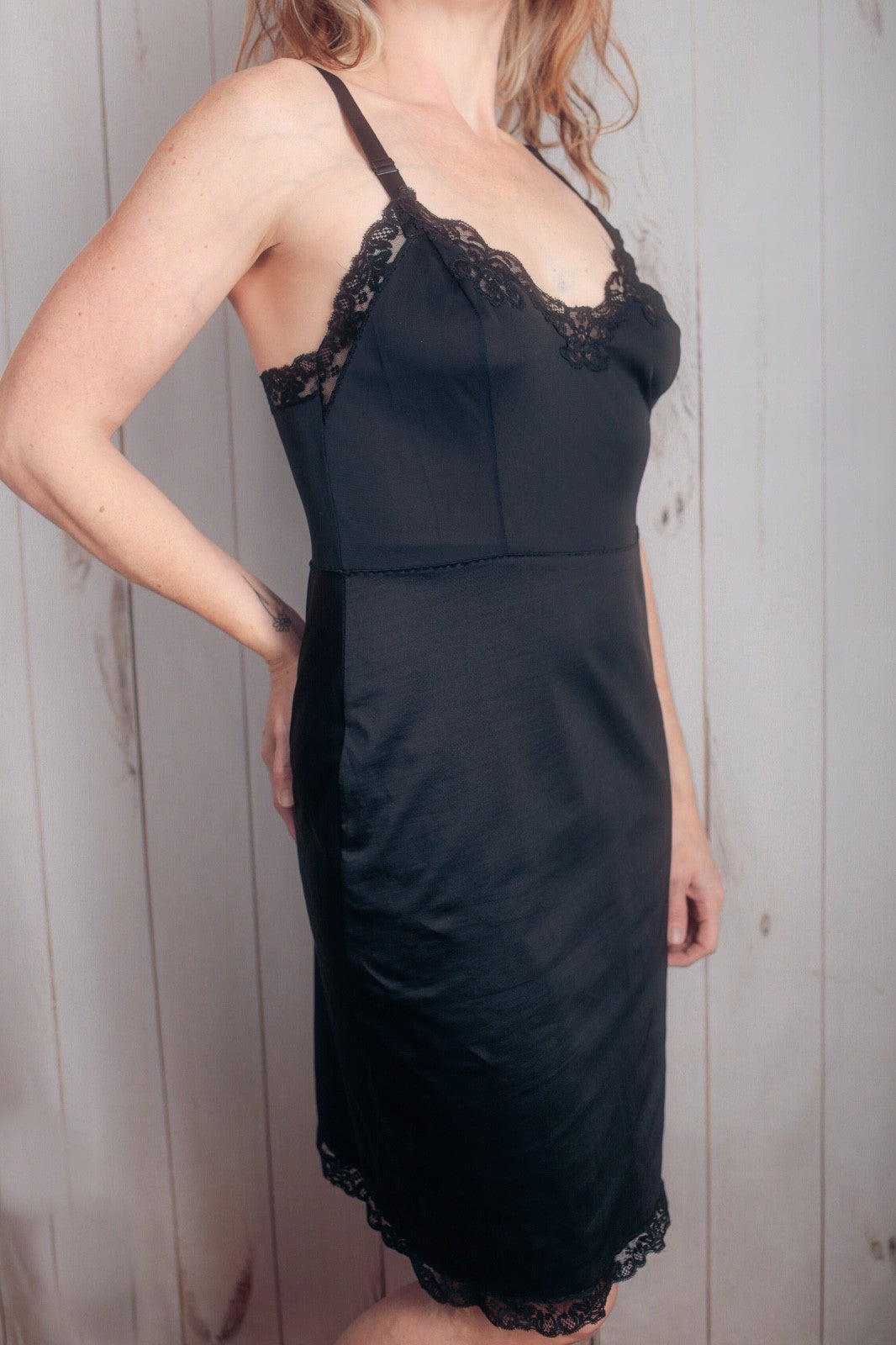 Kayser Vintage Pinup Boudoir 60s Heavy Soft Satin Lace Full Slip 36 Small Black