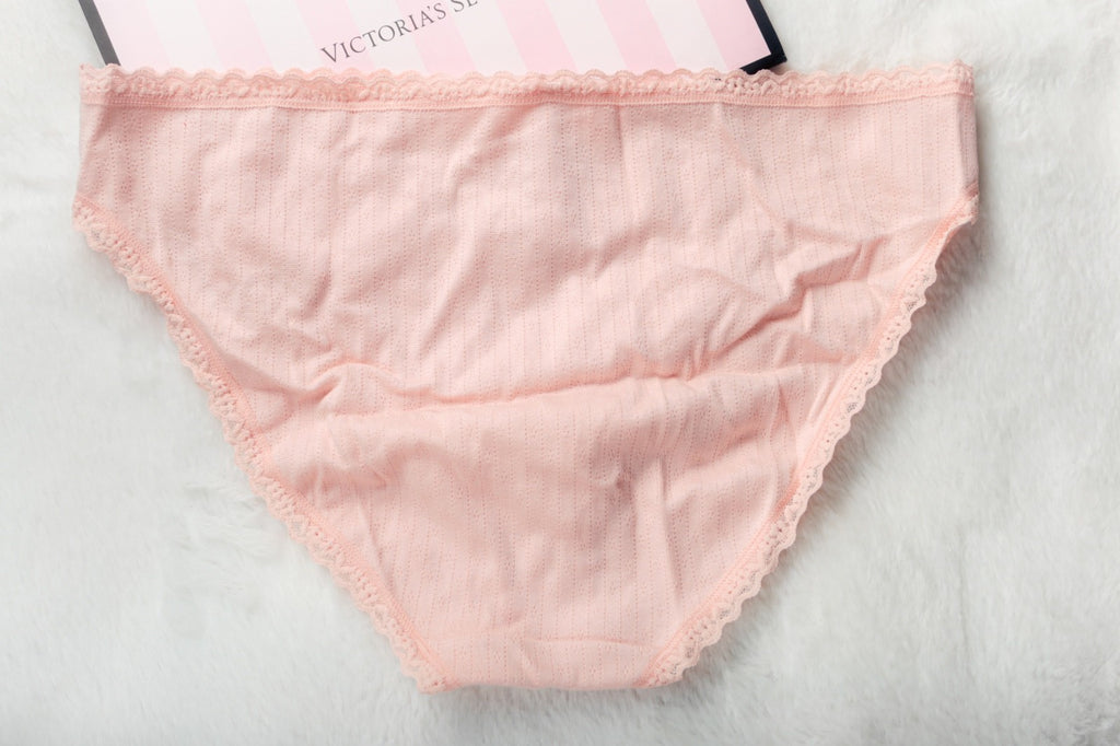 Victoria's Secret Lace Trim Cotton Pointelle Lace-Waist Bikini XL Pink NEW