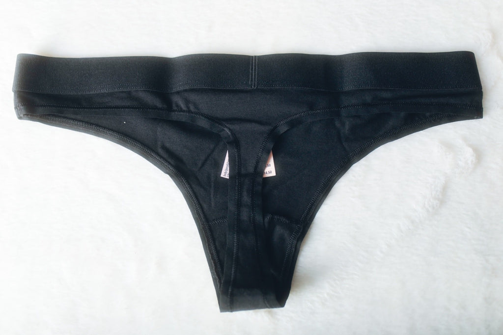 Victoria's Secret Thong String Panty Medium Logo Cotton Shine Patch Black NEW