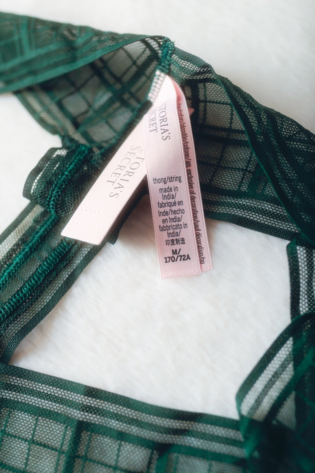 Victoria's Secret Thong String Panty Medium Sheer Green Plaid Tartan NEW