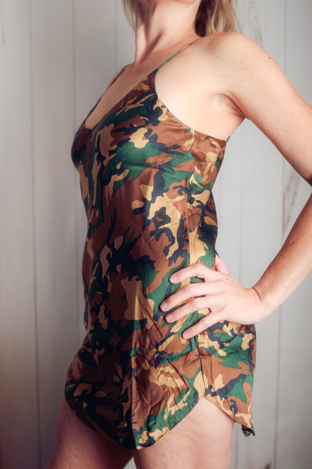 Magic Silk Vintage 100% Silk Retro Camouflage Military Chemise Lingerie Medium
