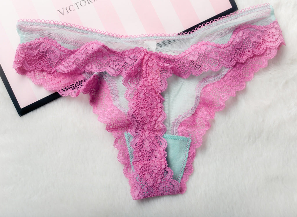 Victoria's Secret Tease Mesh Lace Trim High Leg Thong Panty XS Pink Blue NEW