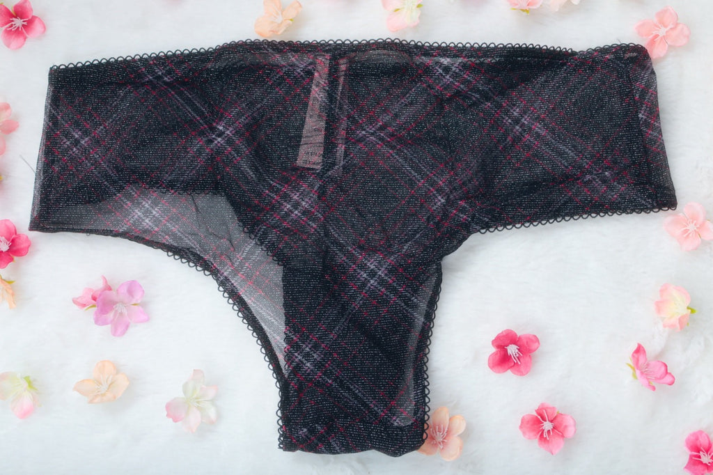 Victoria's Secret Lacie Shimmer Mesh Cheeky Panty Medium Black Plaid NEW