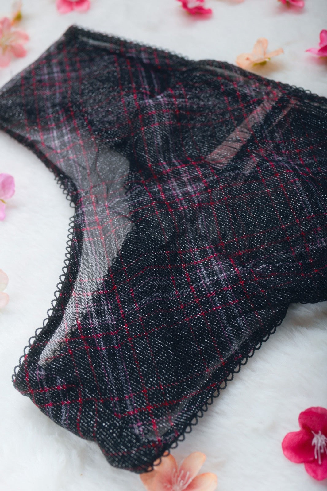 Victoria's Secret Lacie Shimmer Mesh Cheeky Panty Medium Black Plaid NEW