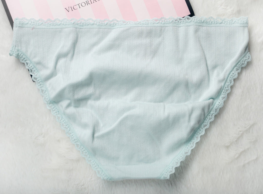 Victoria's Secret Lace Trim Cotton Pointelle Lace-Waist Bikini XXL Blue NEW