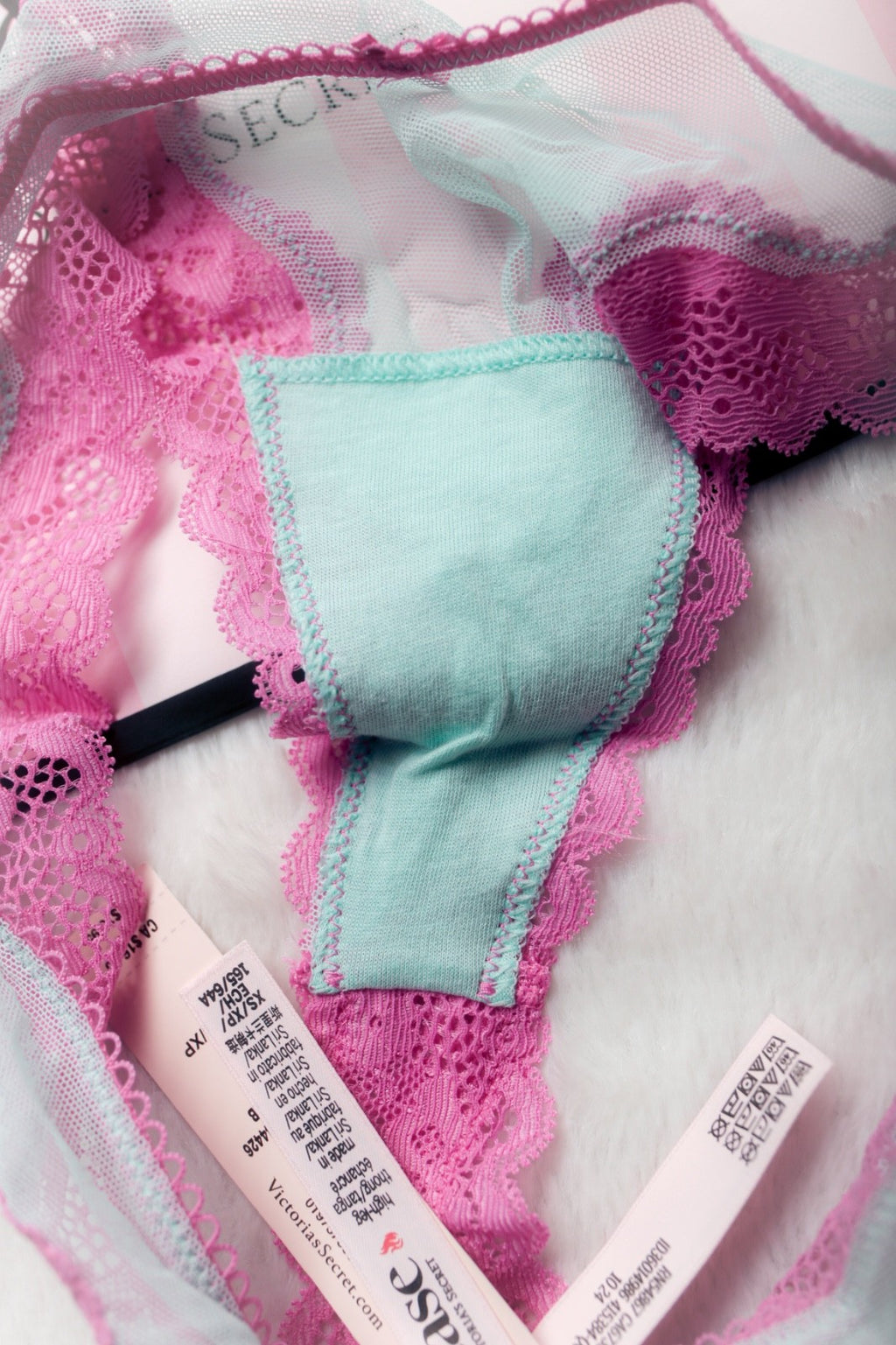 Victoria's Secret Tease Mesh Lace Trim High Leg Thong Panty XS Pink Blue NEW