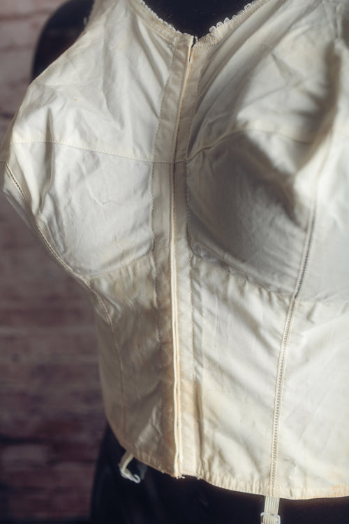 Bestform Vintage 42D Antique Cotton Pointy Bullet Corset Bustier Garter Clip Front Closure Bra White