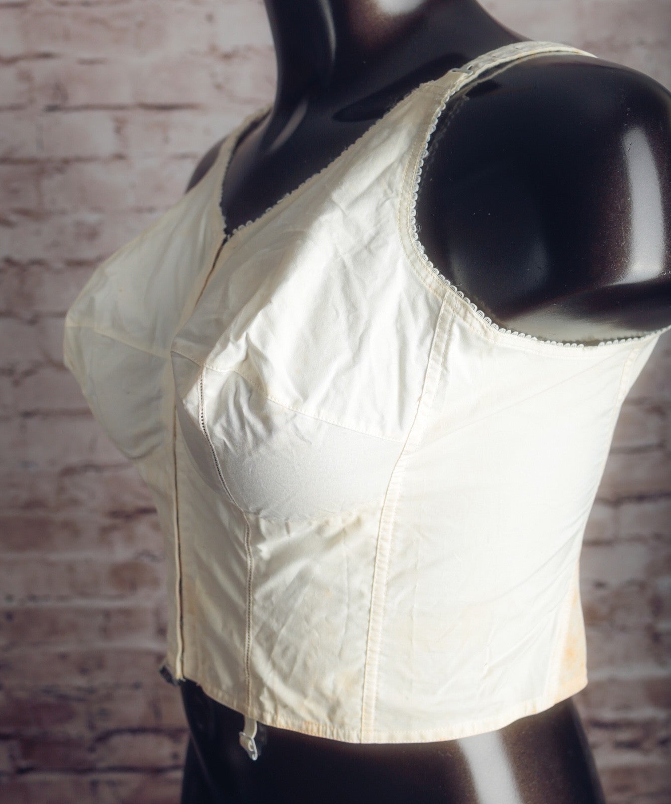 Bestform Vintage 42D Antique Cotton Pointy Bullet Corset Bustier Garter Clip Front Closure Bra White