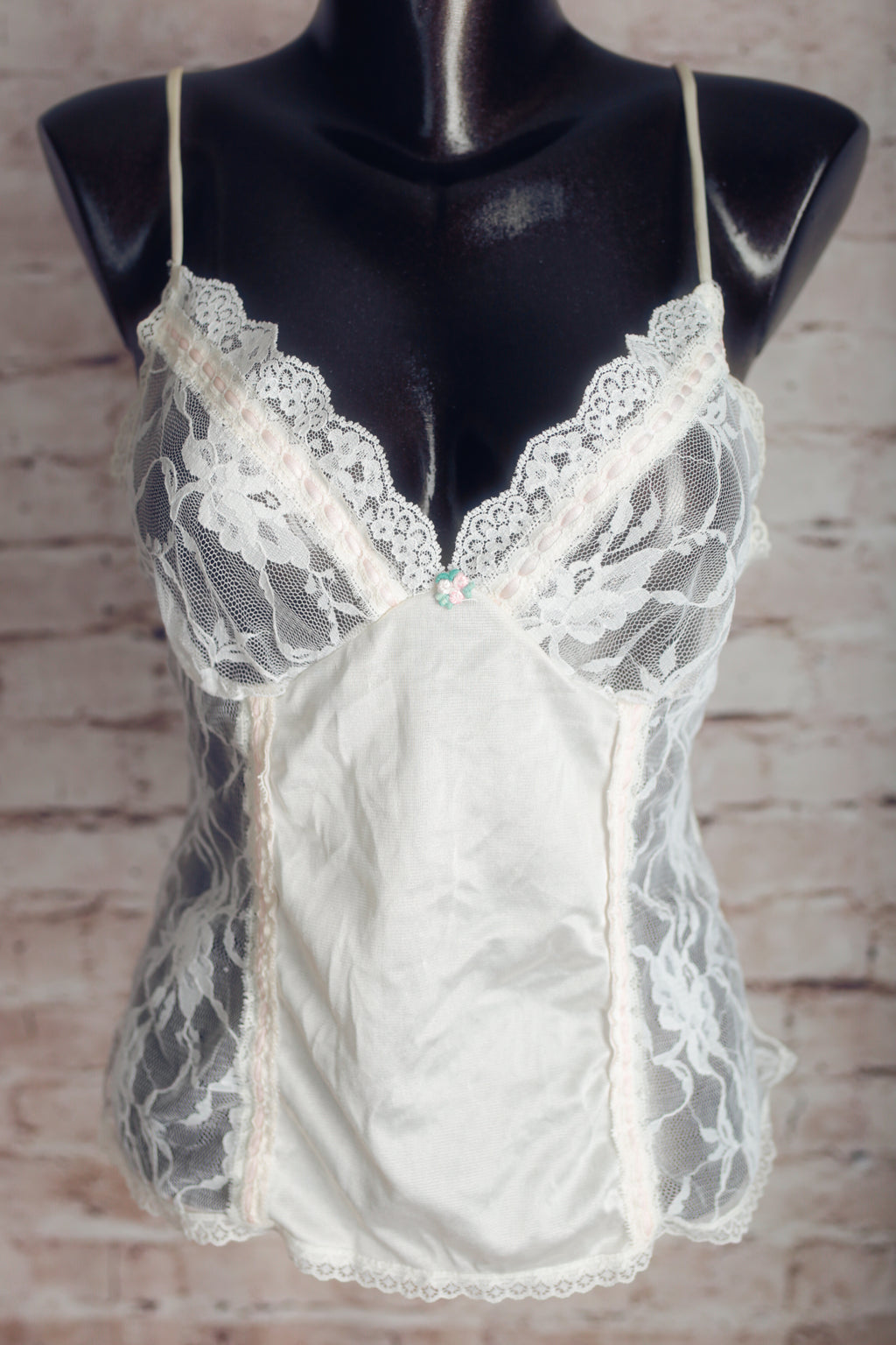 Vintage Sheer White Satin and Lace Camisole Lingerie Medium