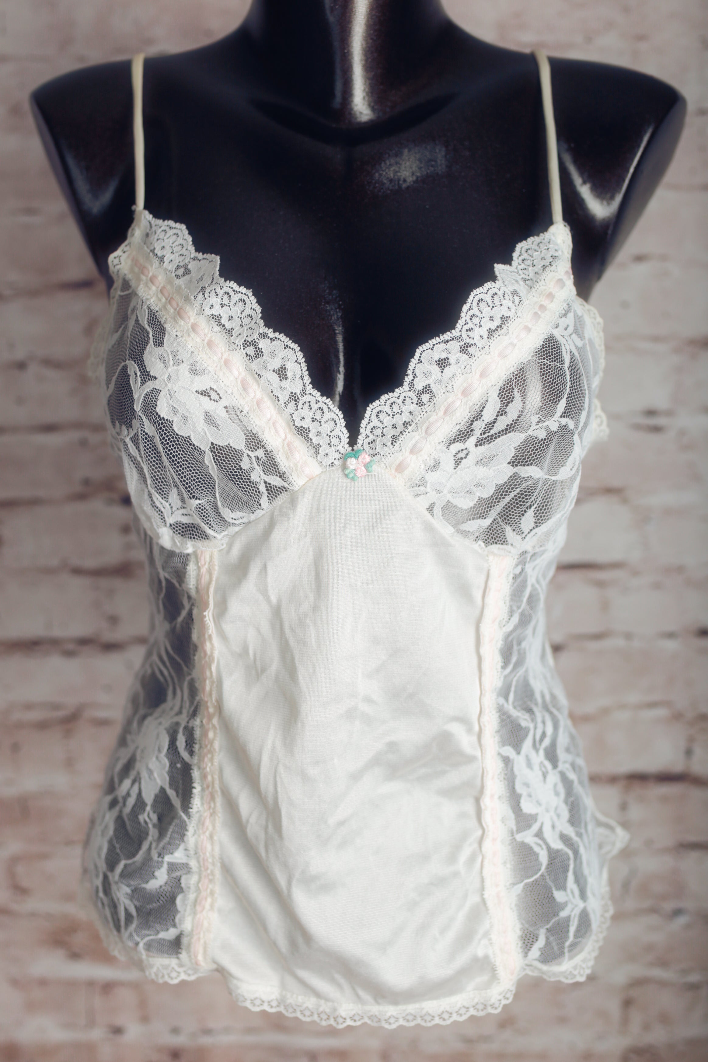 Vintage Sheer White Satin and Lace Camisole Lingerie Medium