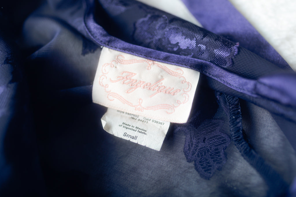 Angelique Vintage Embroidered Sheer Mesh Satin Purple Chemise Small
