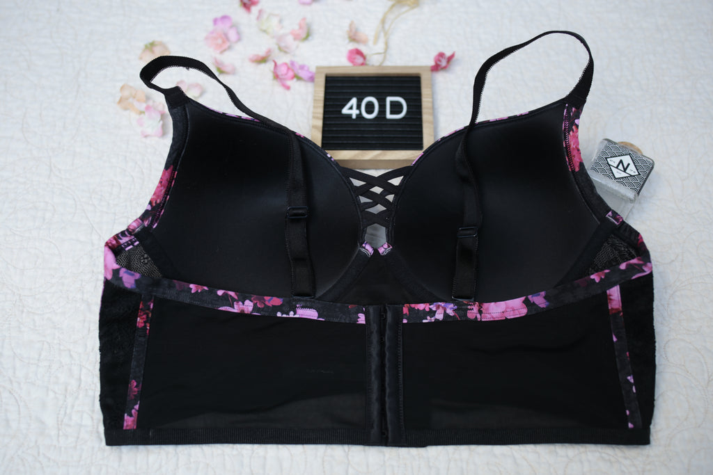 Torrid Curve 40D Longline Underwire Bra Floral Pink and Black Lace
