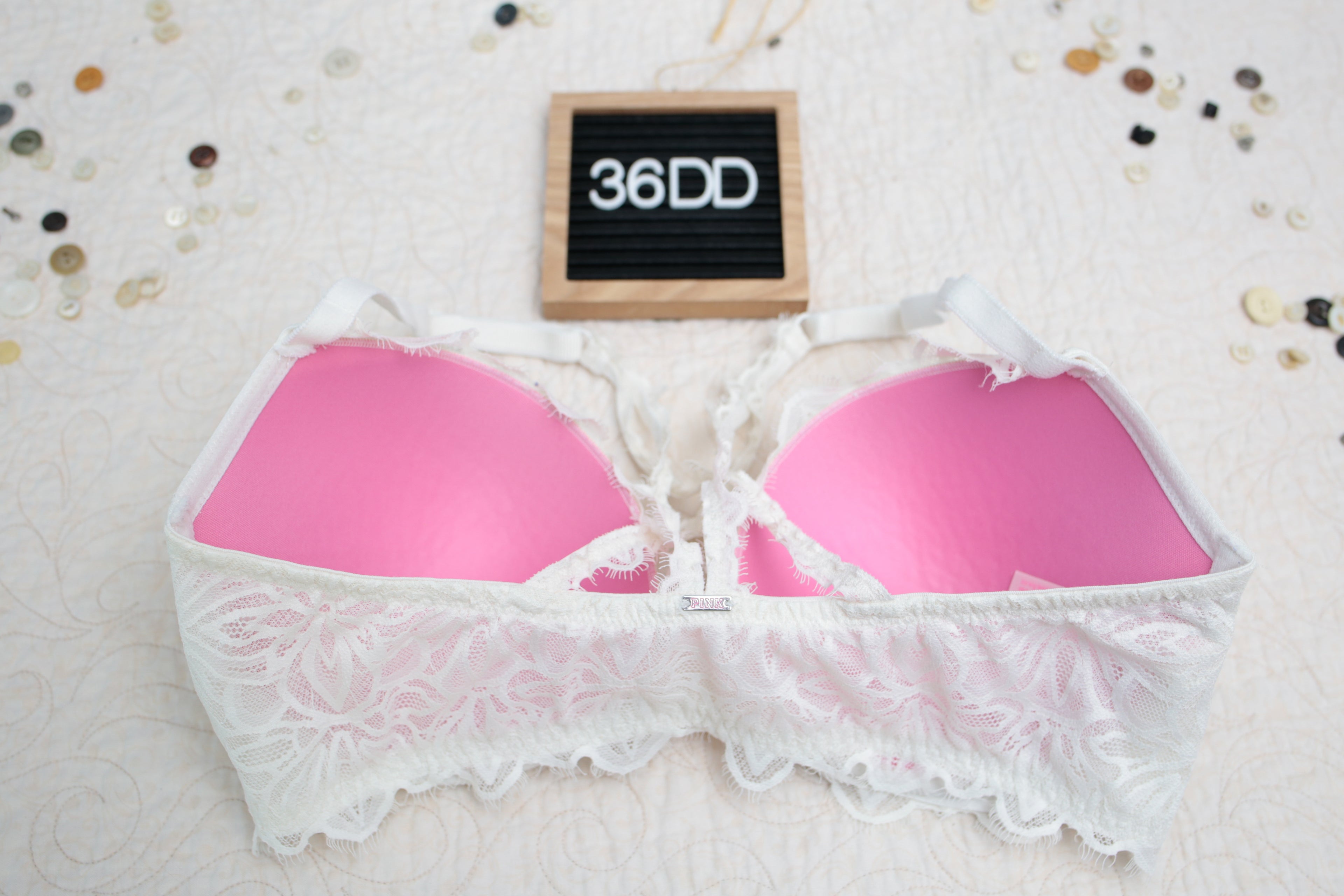 Pink by Victoria's Secret 36DD Racerback Front Closure Push-up Bra White Lace