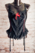 Sedu Vintage Unlined Burlesque Satin Lace Chemise Lingerie Medium Black Garter Straps