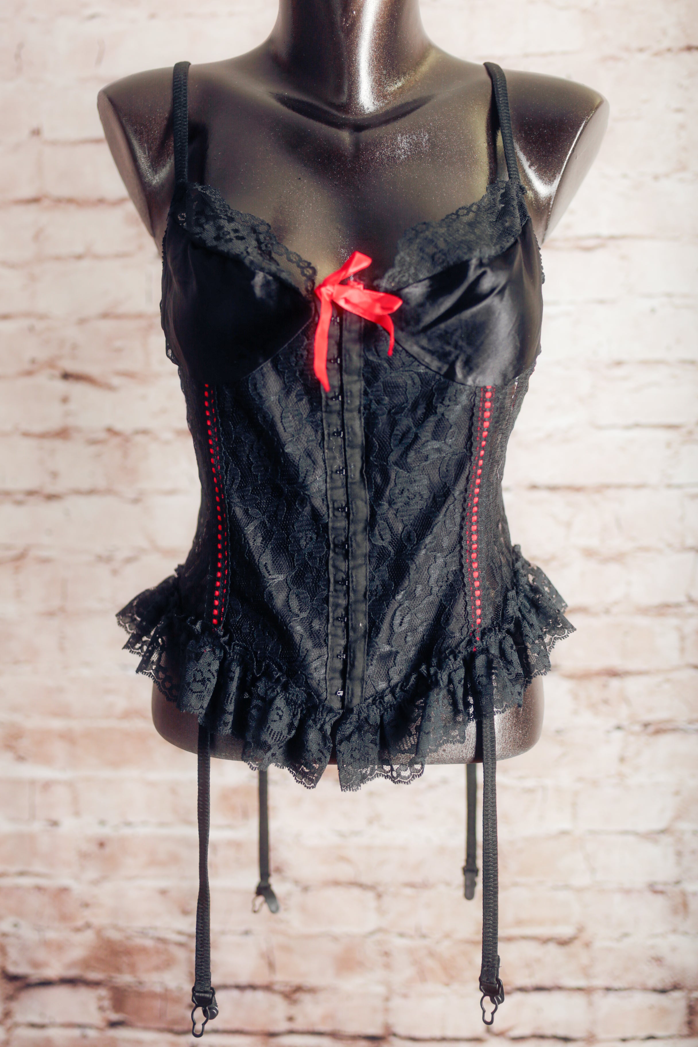 Sedu Vintage Unlined Burlesque Satin Lace Chemise Lingerie Medium Black Garter Straps