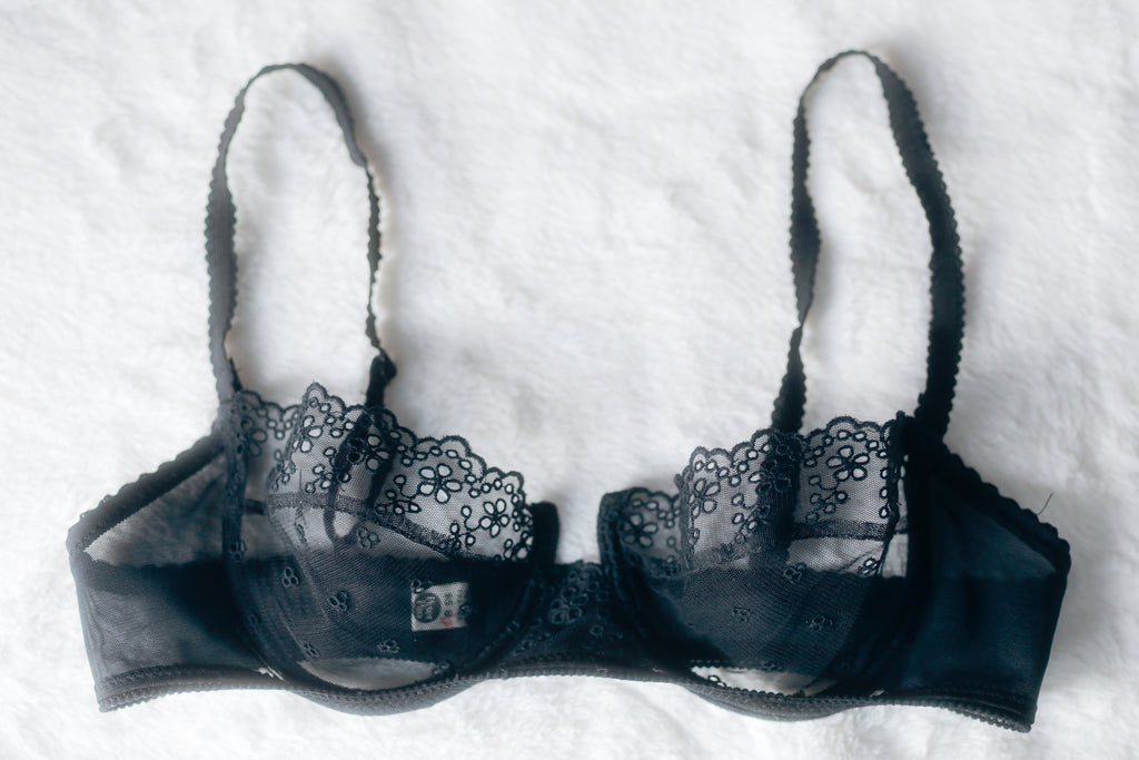 Peter Pan Vintage French Unlined Sheer Eyelet Mesh Lace Balconette Demi Bra 36B 95B Black