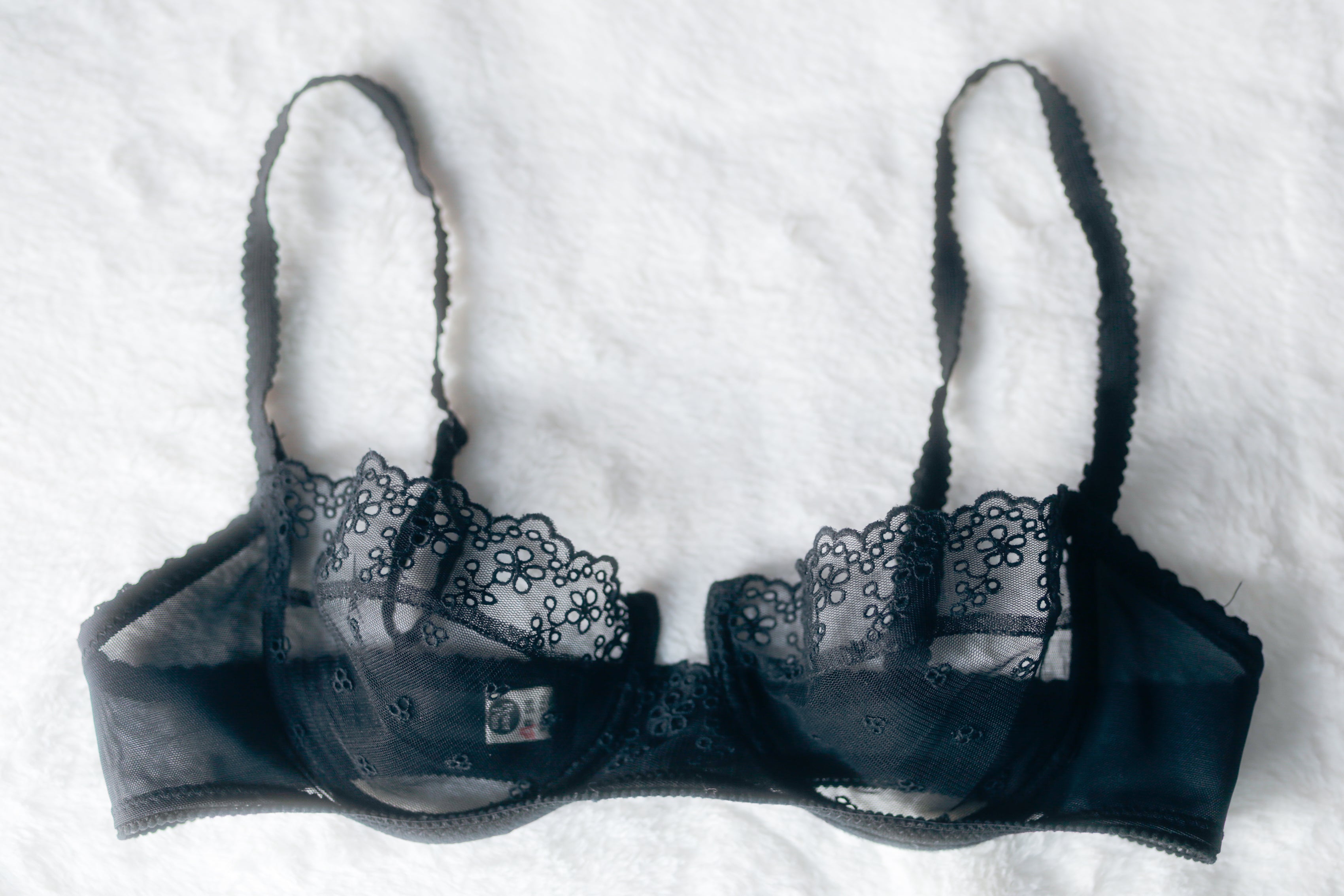 Peter Pan Vintage French Unlined Sheer Eyelet Mesh Lace Balconette Demi Bra 36B 95B Black